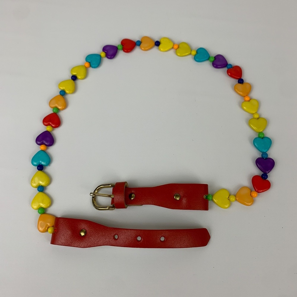 Vintage 70s 80s Rainbow Heart Bead Belt Red Leather Ends Gold Buckle 29" Long